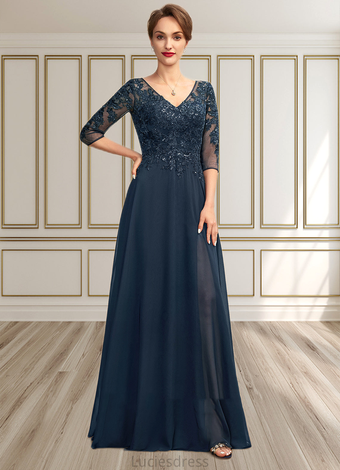 Rosemary A-Line V-neck Floor-Length Chiffon Lace Mother of the Bride Dress With Sequins Split Front HF126P0015014