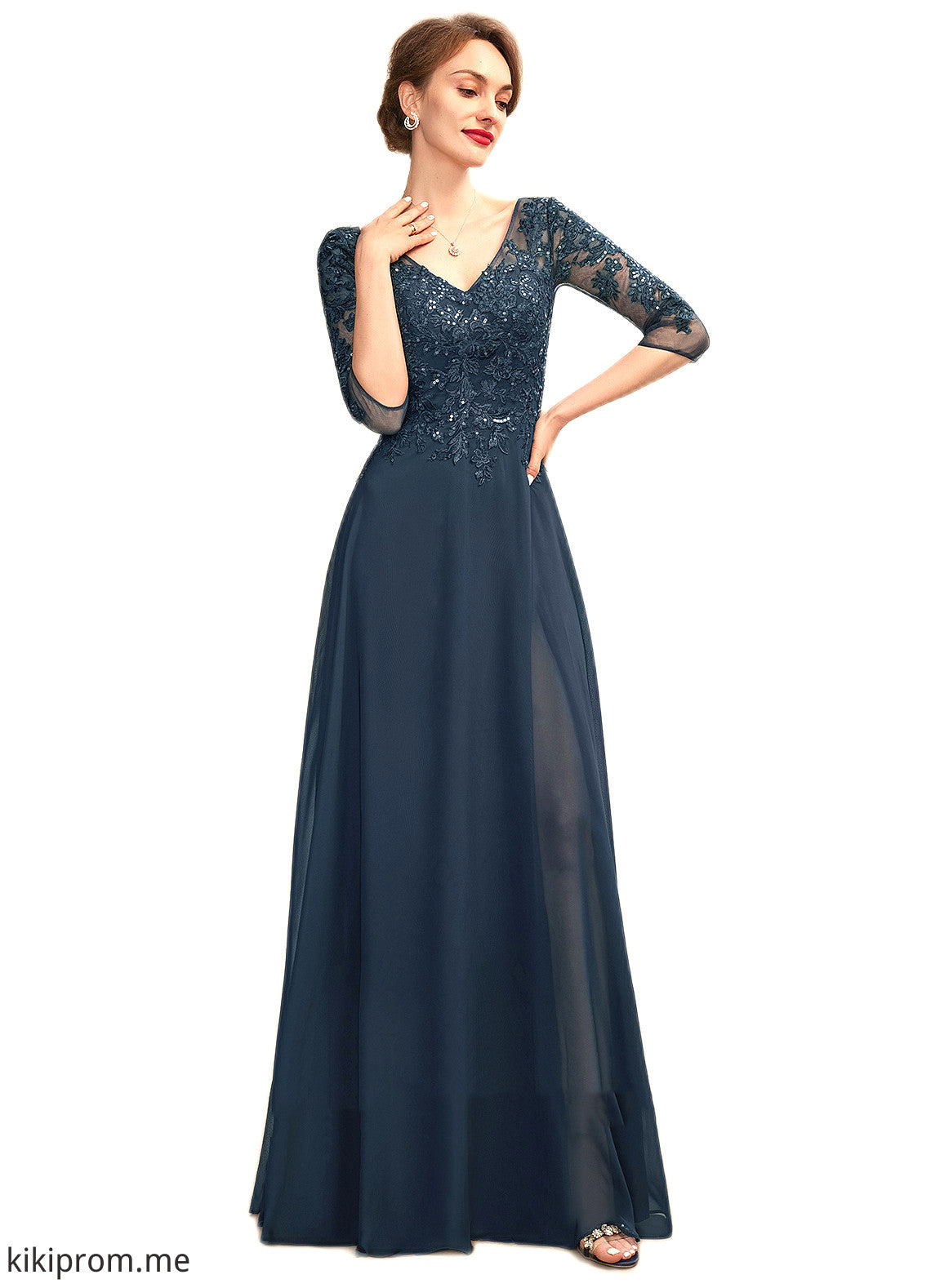 Cheyenne A-Line V-neck Floor-Length Chiffon Lace Mother of the Bride Dress With Sequins Split Front STF126P0015014