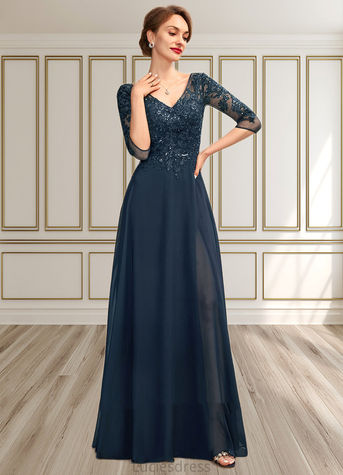 Rosemary A-Line V-neck Floor-Length Chiffon Lace Mother of the Bride Dress With Sequins Split Front HF126P0015014