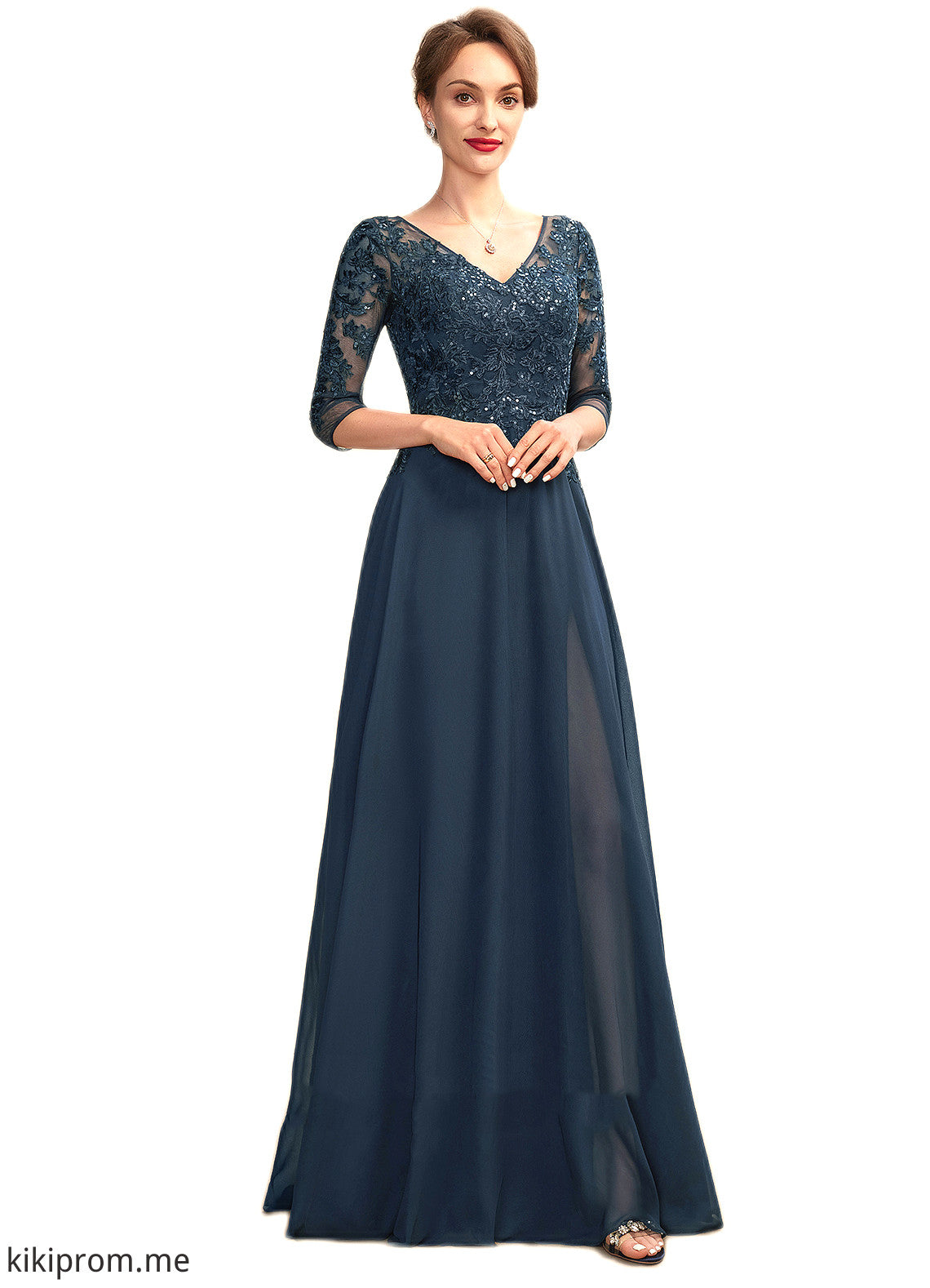 Cheyenne A-Line V-neck Floor-Length Chiffon Lace Mother of the Bride Dress With Sequins Split Front STF126P0015014