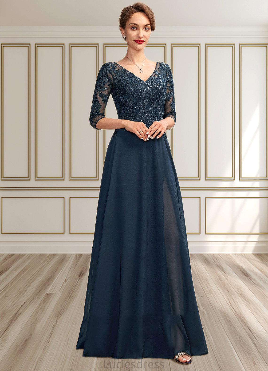 Rosemary A-Line V-neck Floor-Length Chiffon Lace Mother of the Bride Dress With Sequins Split Front HF126P0015014