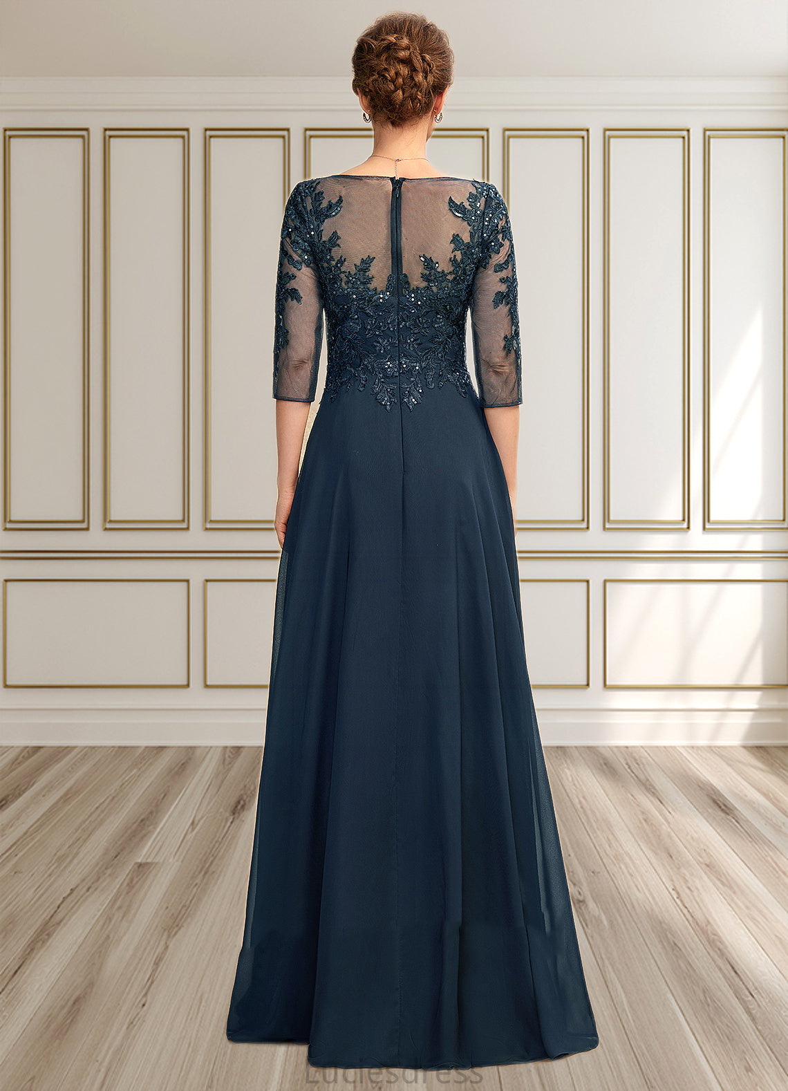 Rosemary A-Line V-neck Floor-Length Chiffon Lace Mother of the Bride Dress With Sequins Split Front HF126P0015014