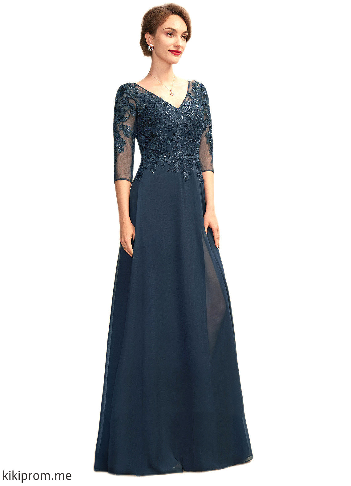 Cheyenne A-Line V-neck Floor-Length Chiffon Lace Mother of the Bride Dress With Sequins Split Front STF126P0015014