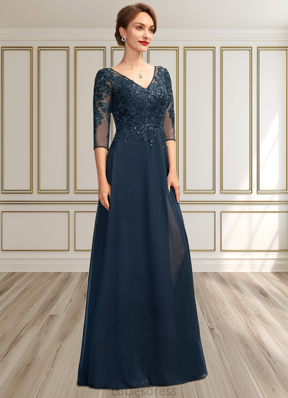 Rosemary A-Line V-neck Floor-Length Chiffon Lace Mother of the Bride Dress With Sequins Split Front HF126P0015014