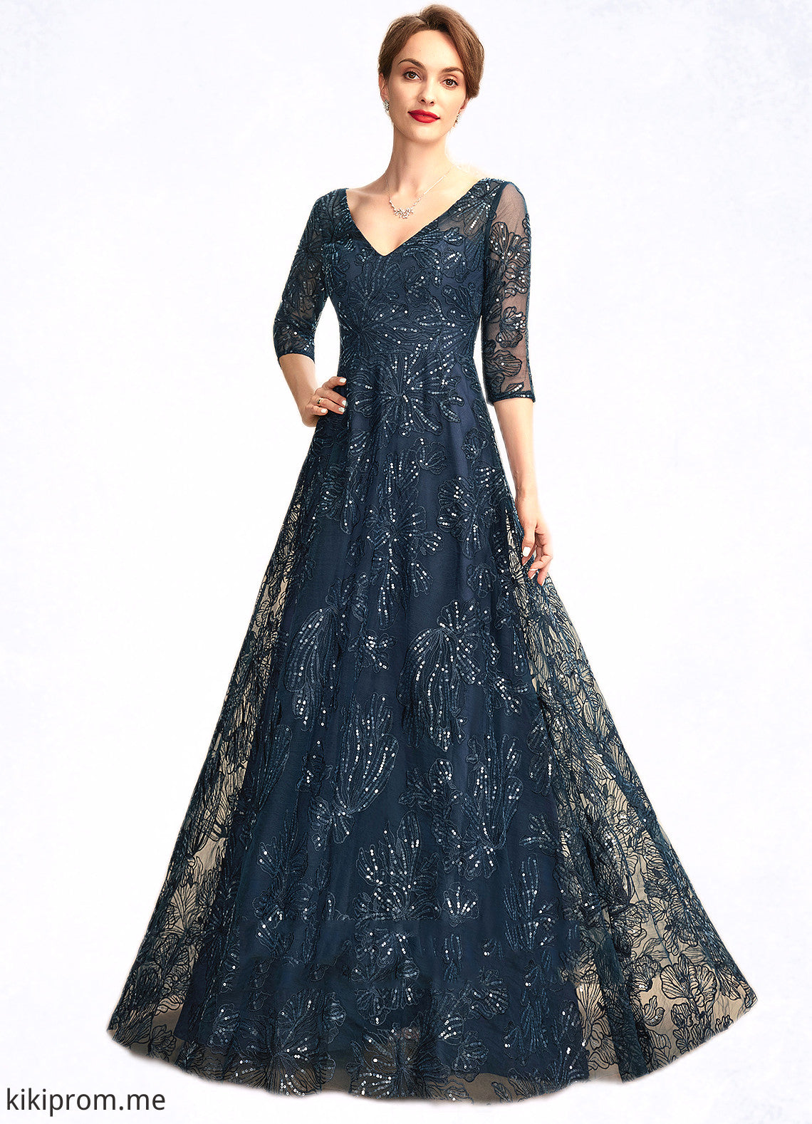 Lila A-Line V-neck Floor-Length Lace Mother of the Bride Dress With Sequins STF126P0015015