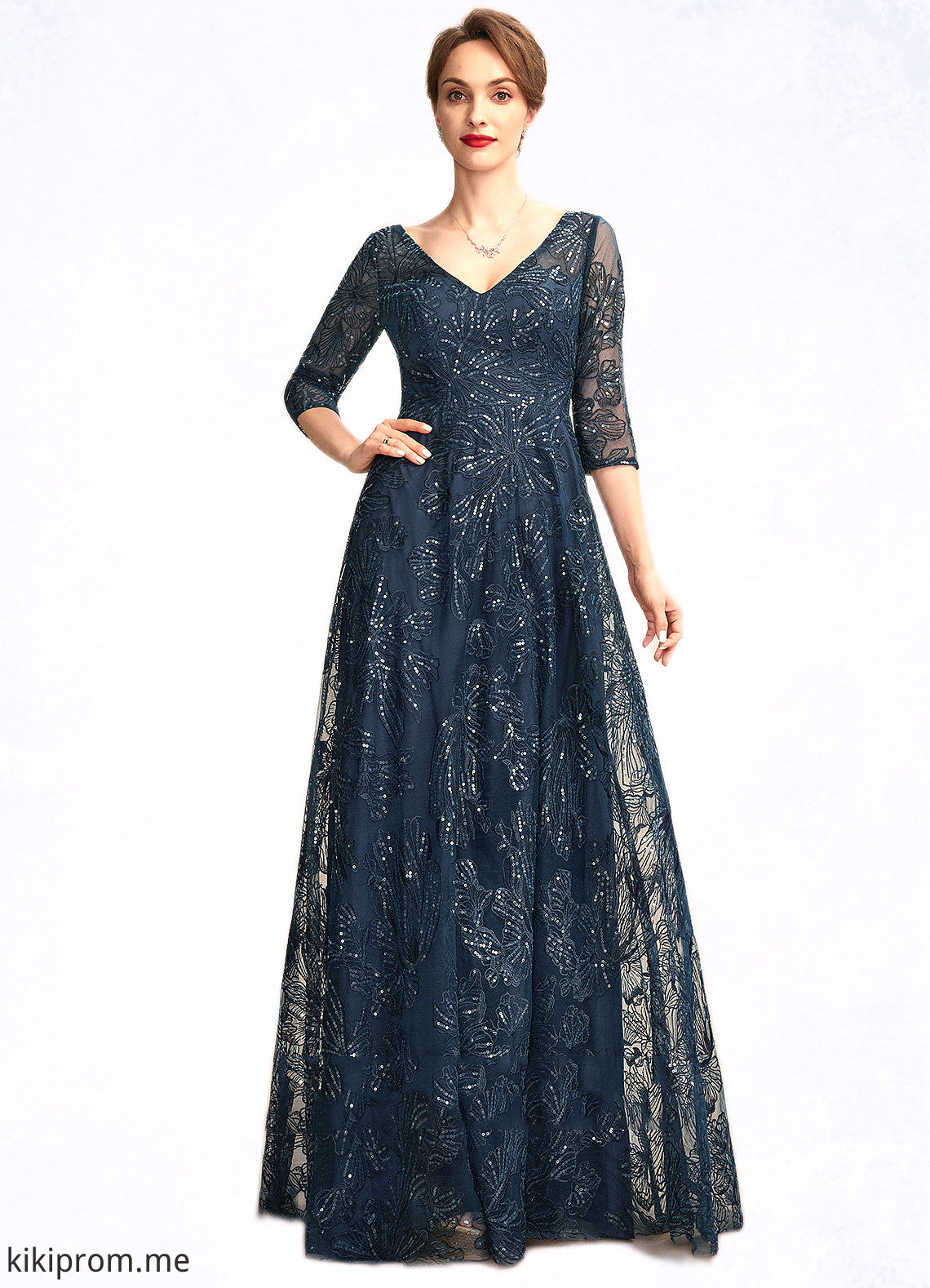 Lila A-Line V-neck Floor-Length Lace Mother of the Bride Dress With Sequins STF126P0015015