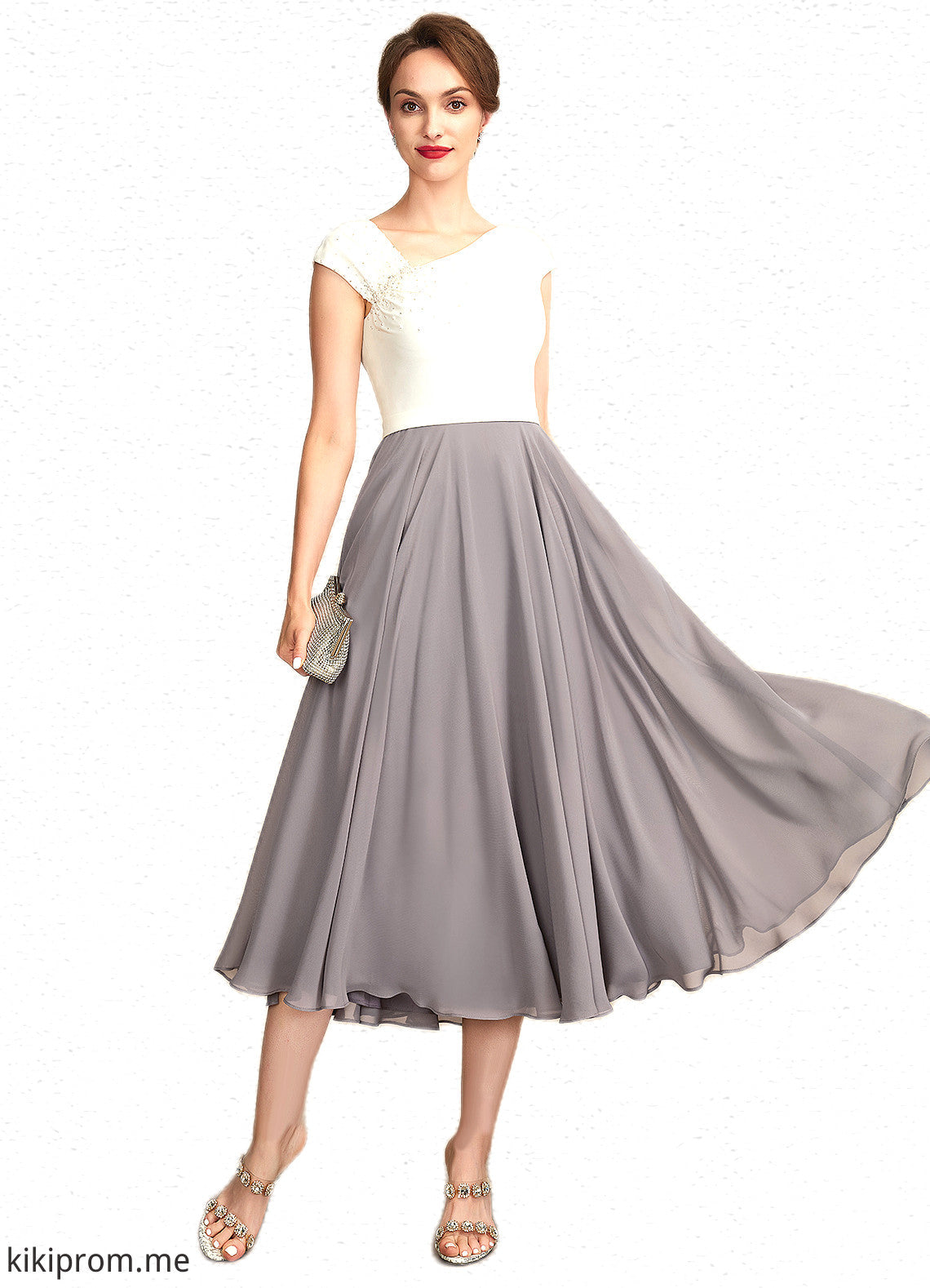 Sophie A-Line V-neck Tea-Length Chiffon Mother of the Bride Dress With Ruffle Beading Sequins STF126P0015016