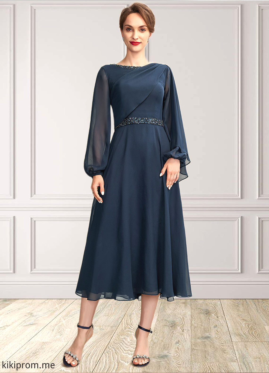 Ada A-Line Scoop Neck Tea-Length Chiffon Mother of the Bride Dress With Beading Sequins STF126P0015018