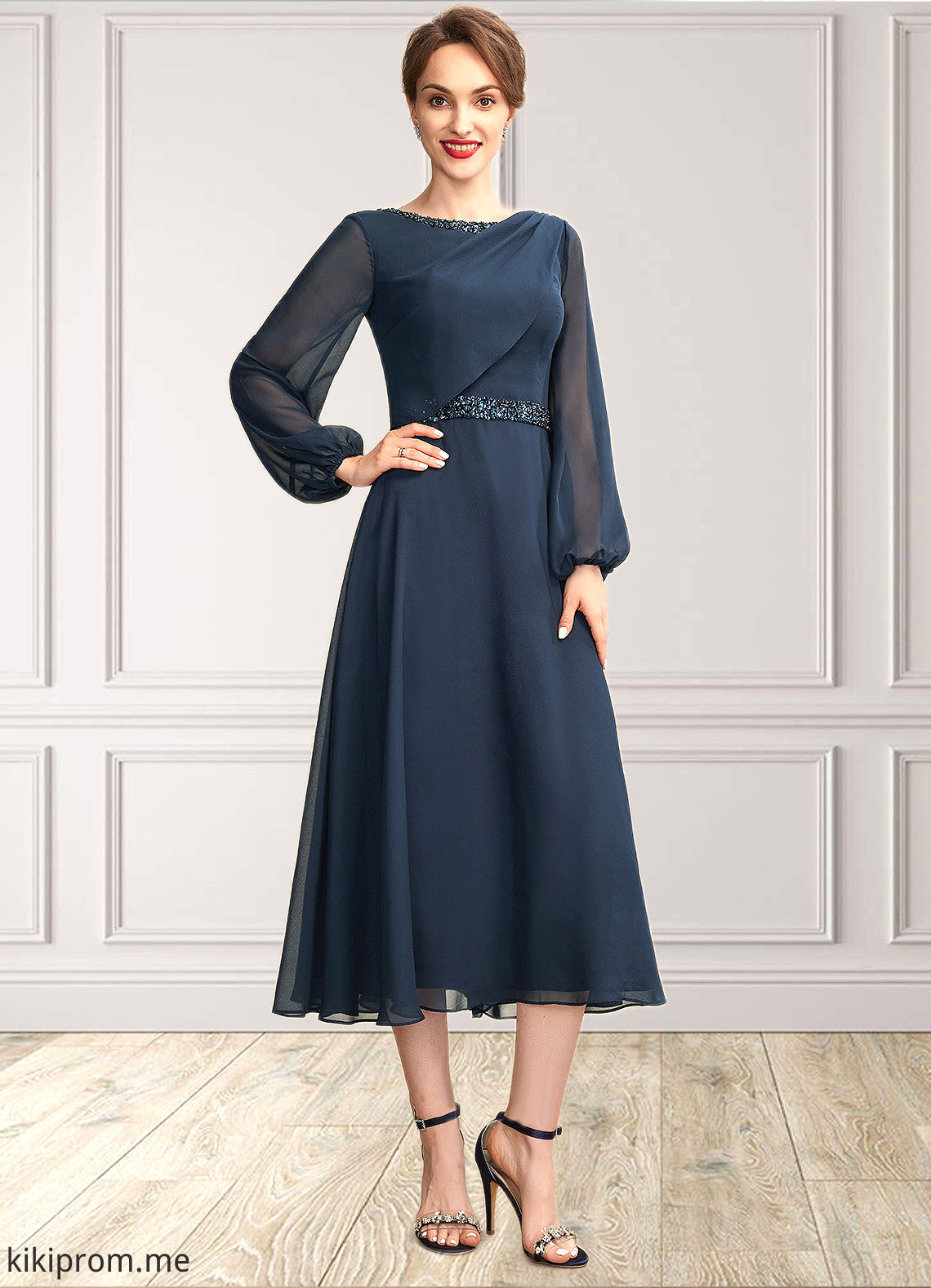 Ada A-Line Scoop Neck Tea-Length Chiffon Mother of the Bride Dress With Beading Sequins STF126P0015018