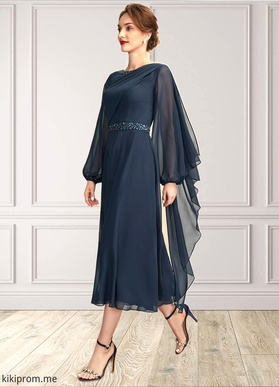 Ada A-Line Scoop Neck Tea-Length Chiffon Mother of the Bride Dress With Beading Sequins STF126P0015018