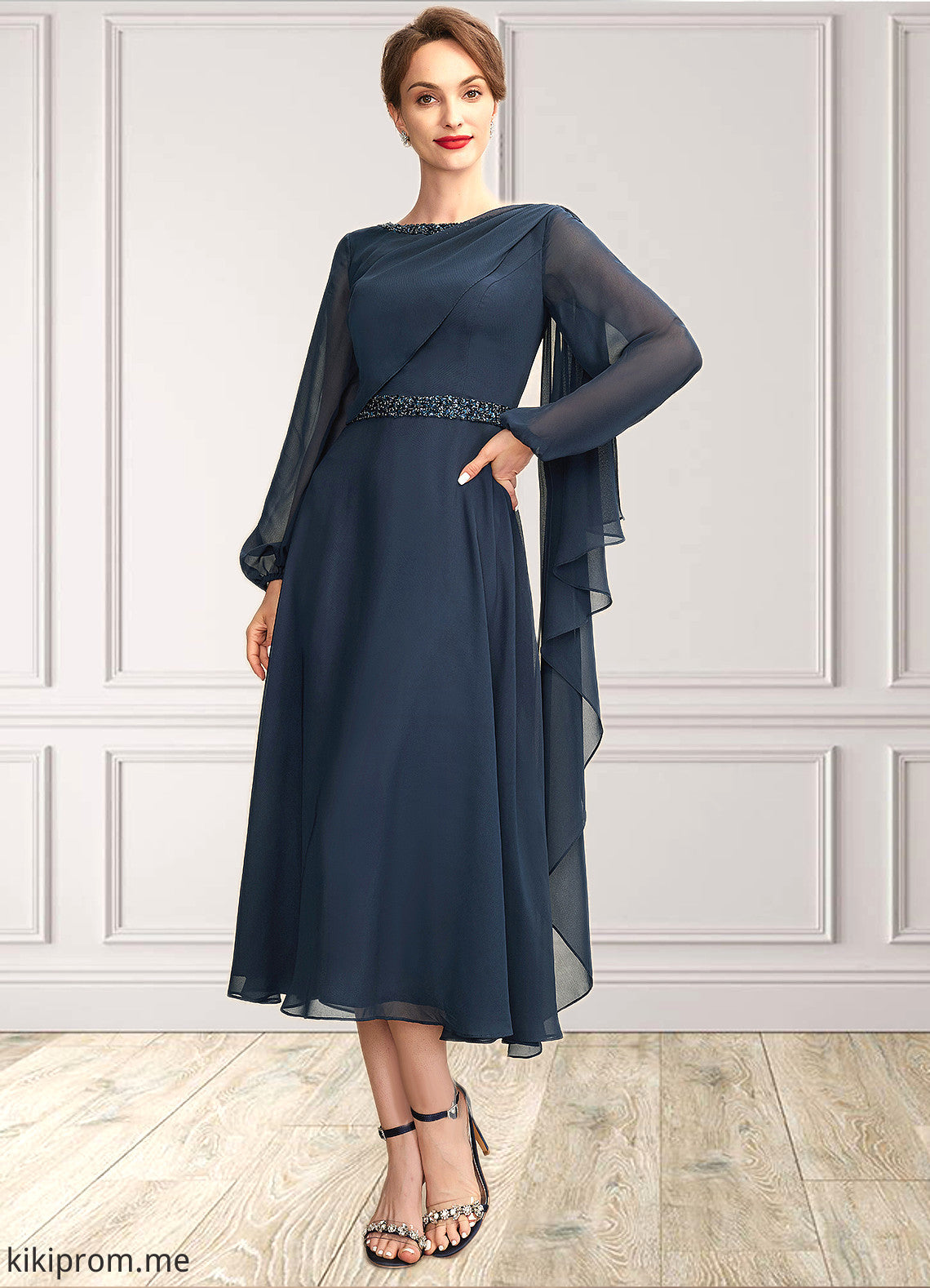 Ada A-Line Scoop Neck Tea-Length Chiffon Mother of the Bride Dress With Beading Sequins STF126P0015018