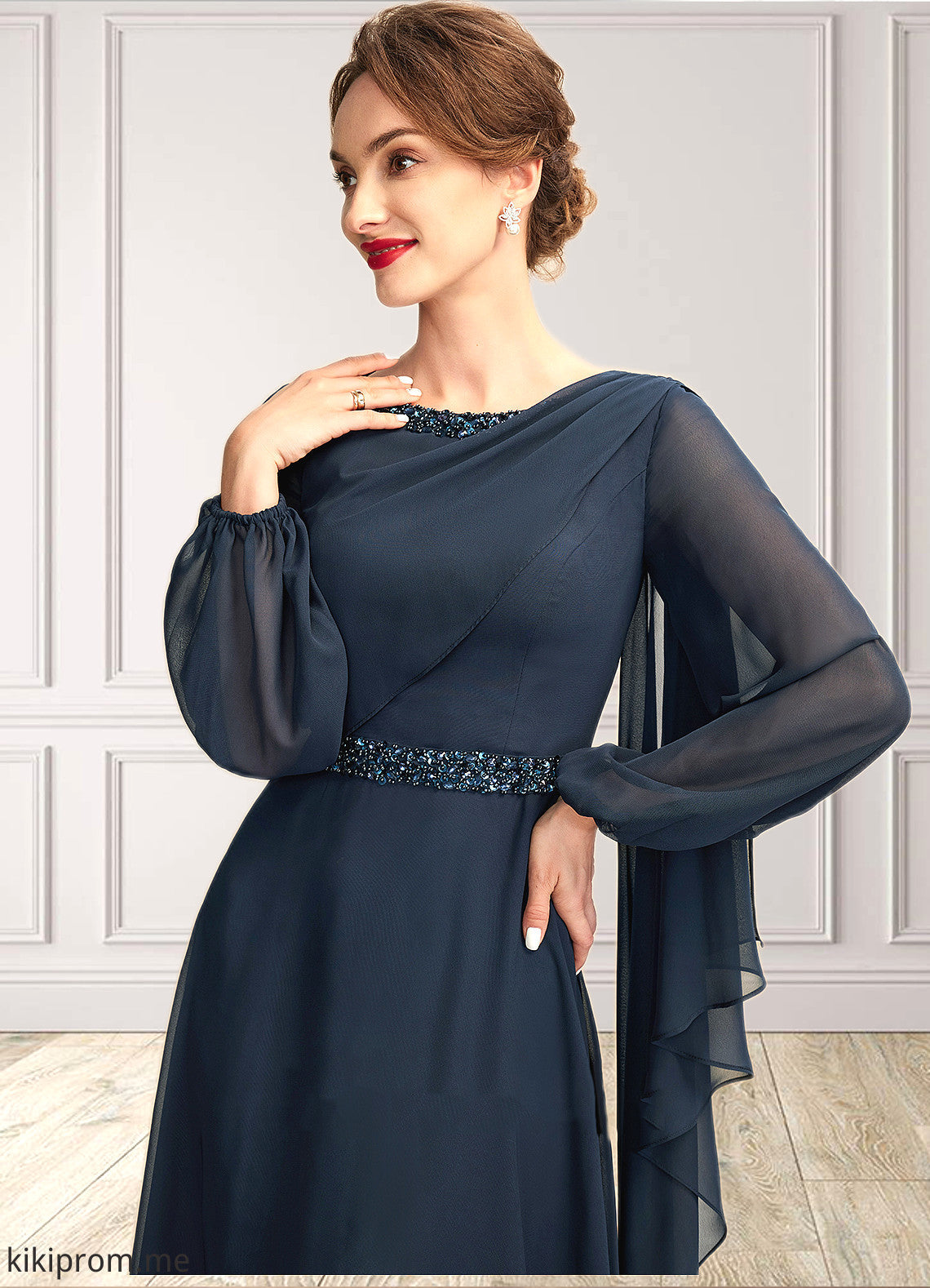 Ada A-Line Scoop Neck Tea-Length Chiffon Mother of the Bride Dress With Beading Sequins STF126P0015018