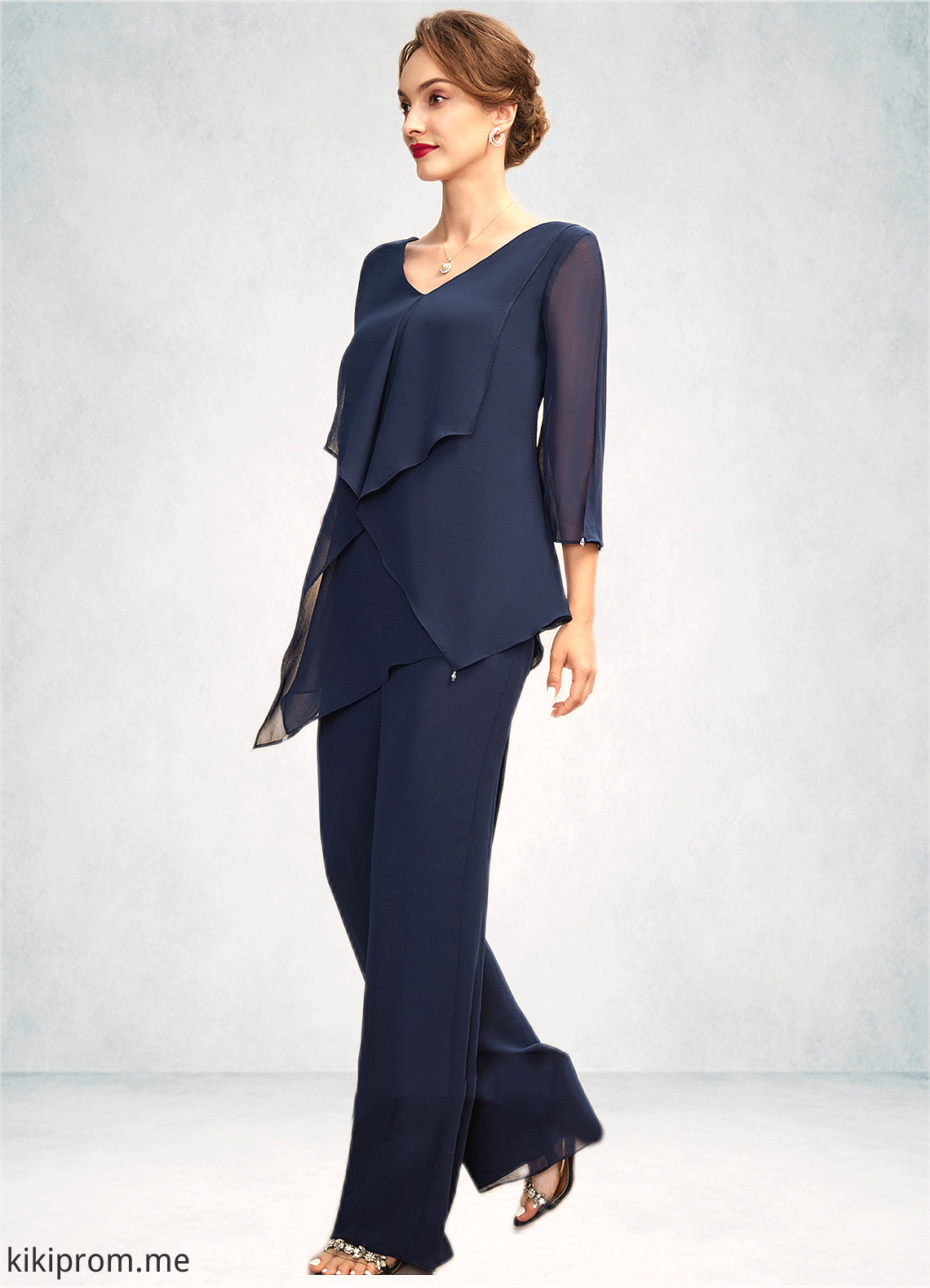 Morgan Jumpsuit/Pantsuit V-neck Floor-Length Chiffon Mother of the Bride Dress With Cascading Ruffles STF126P0015019