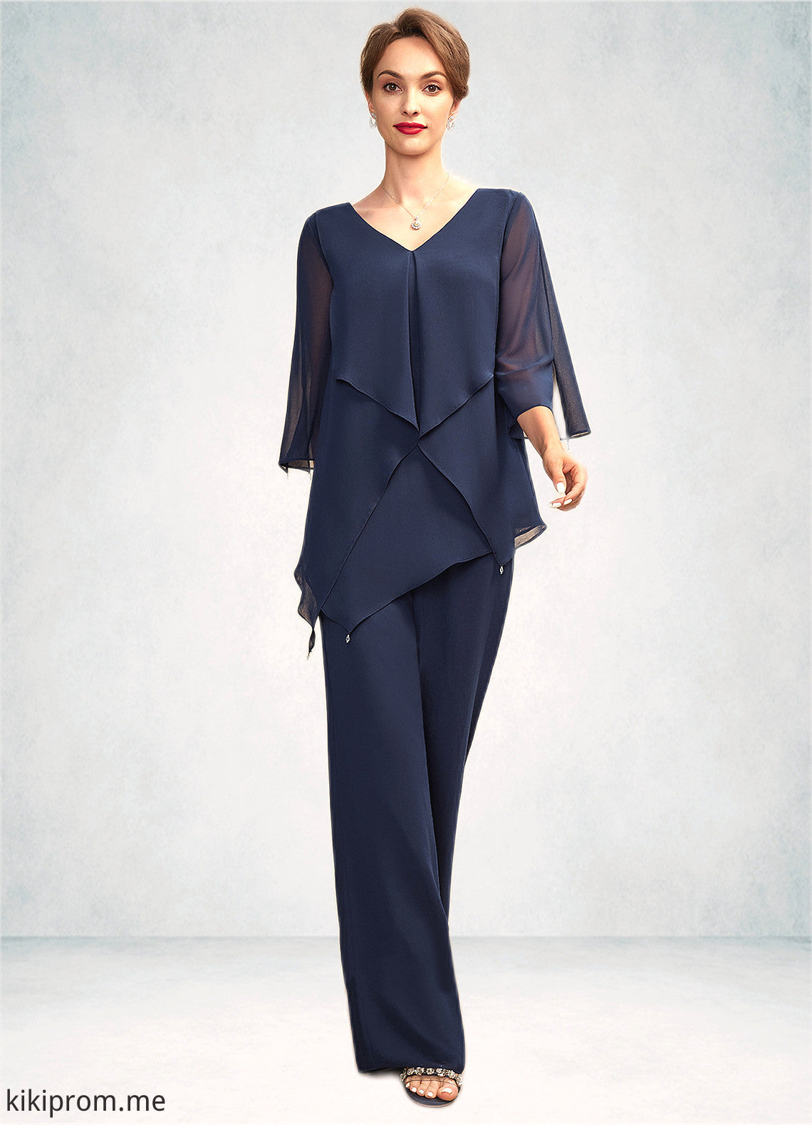 Morgan Jumpsuit/Pantsuit V-neck Floor-Length Chiffon Mother of the Bride Dress With Cascading Ruffles STF126P0015019