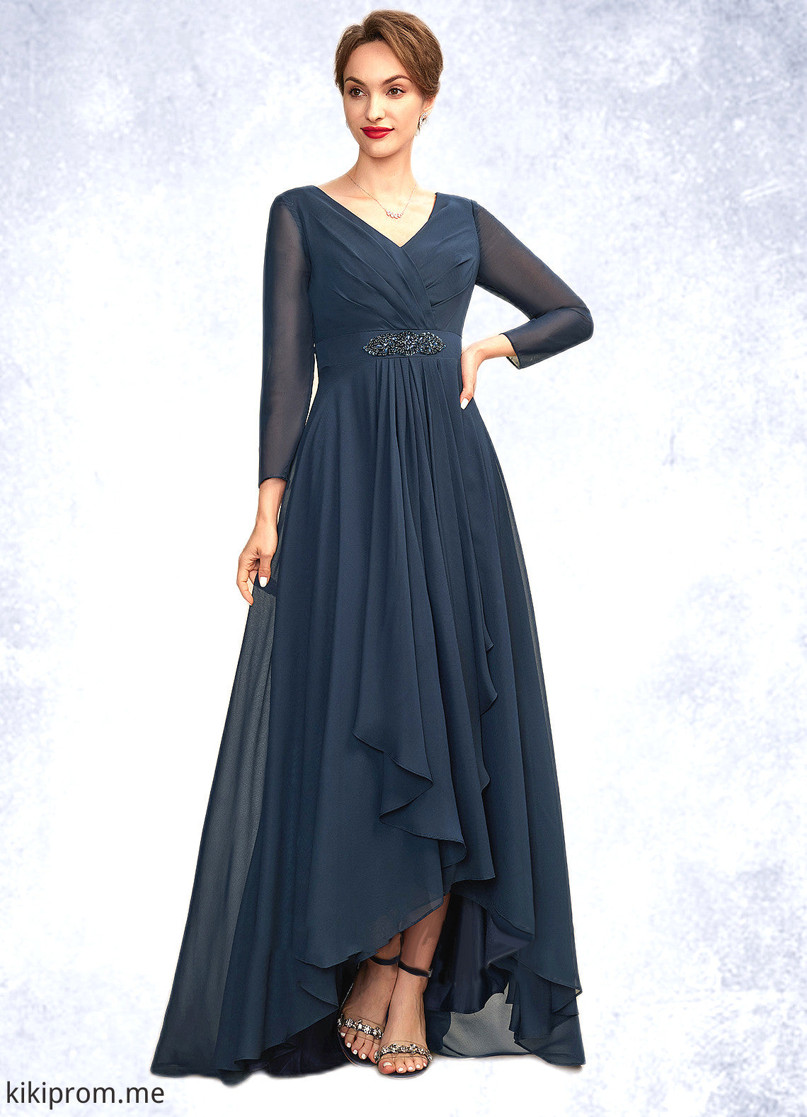 Caitlyn A-Line V-neck Asymmetrical Chiffon Mother of the Bride Dress With Ruffle Beading Bow(s) STF126P0015021