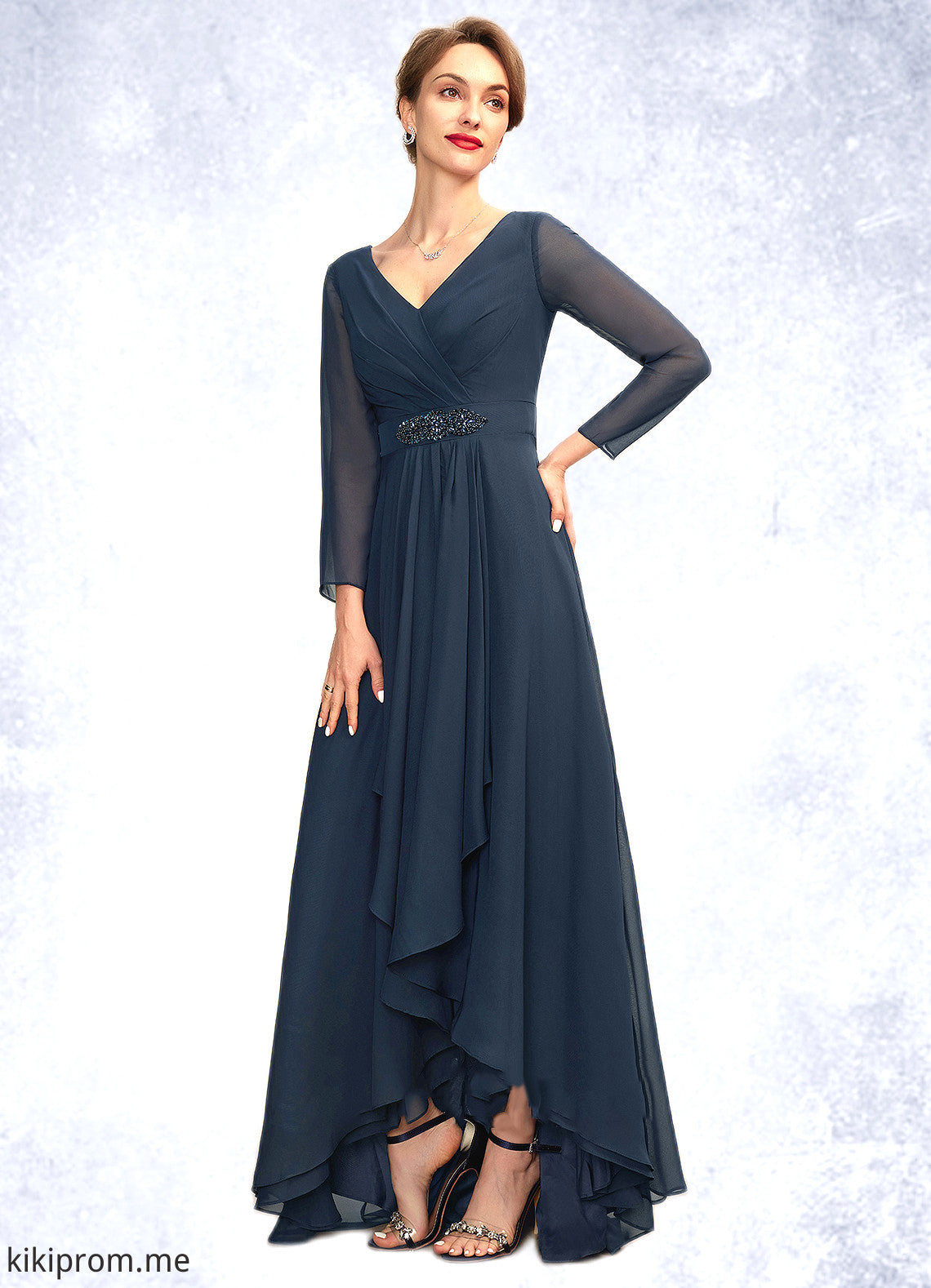 Caitlyn A-Line V-neck Asymmetrical Chiffon Mother of the Bride Dress With Ruffle Beading Bow(s) STF126P0015021