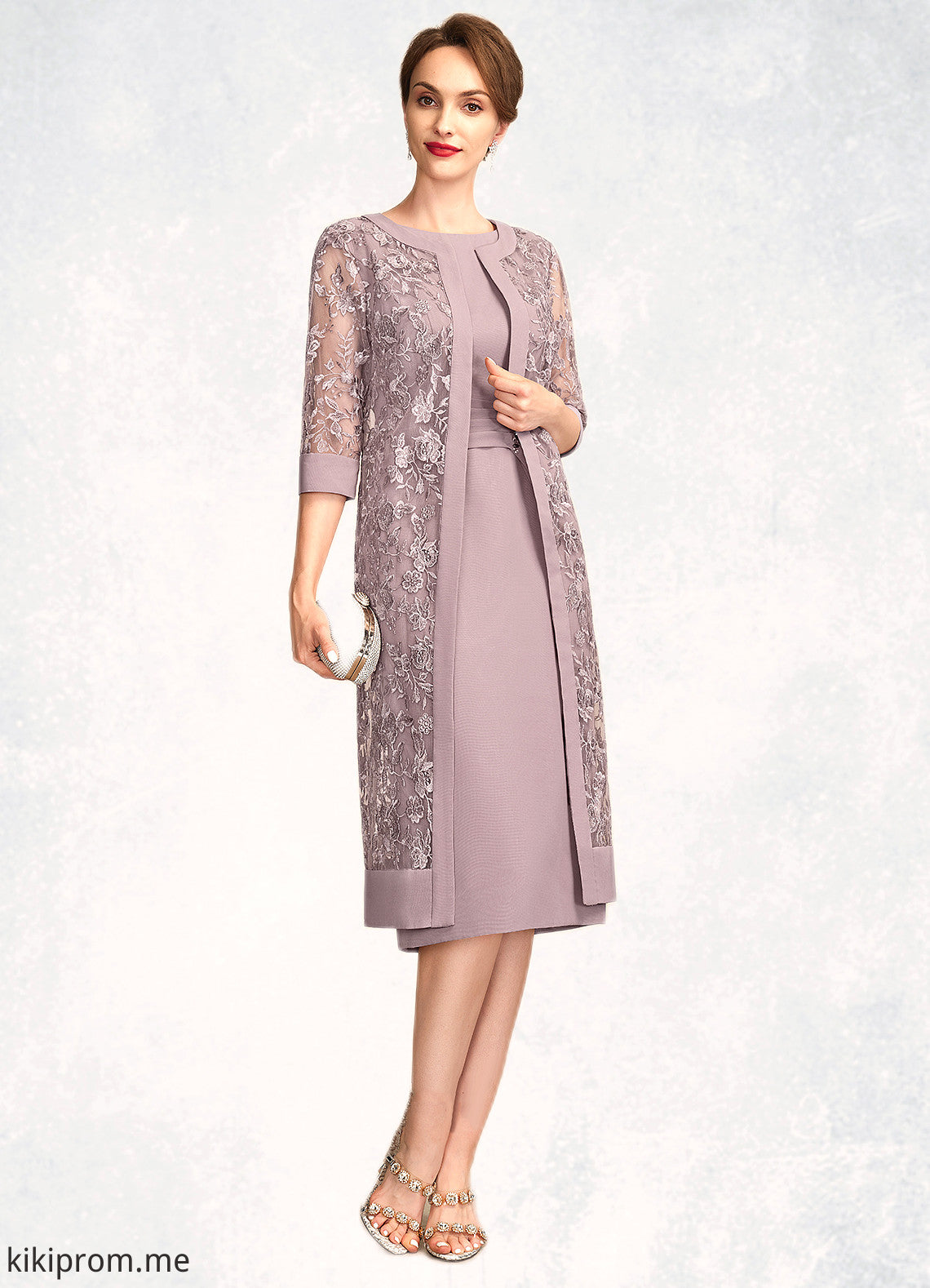 Olive Sheath/Column Scoop Neck Knee-Length Chiffon Mother of the Bride Dress With Ruffle Sequins STF126P0015023