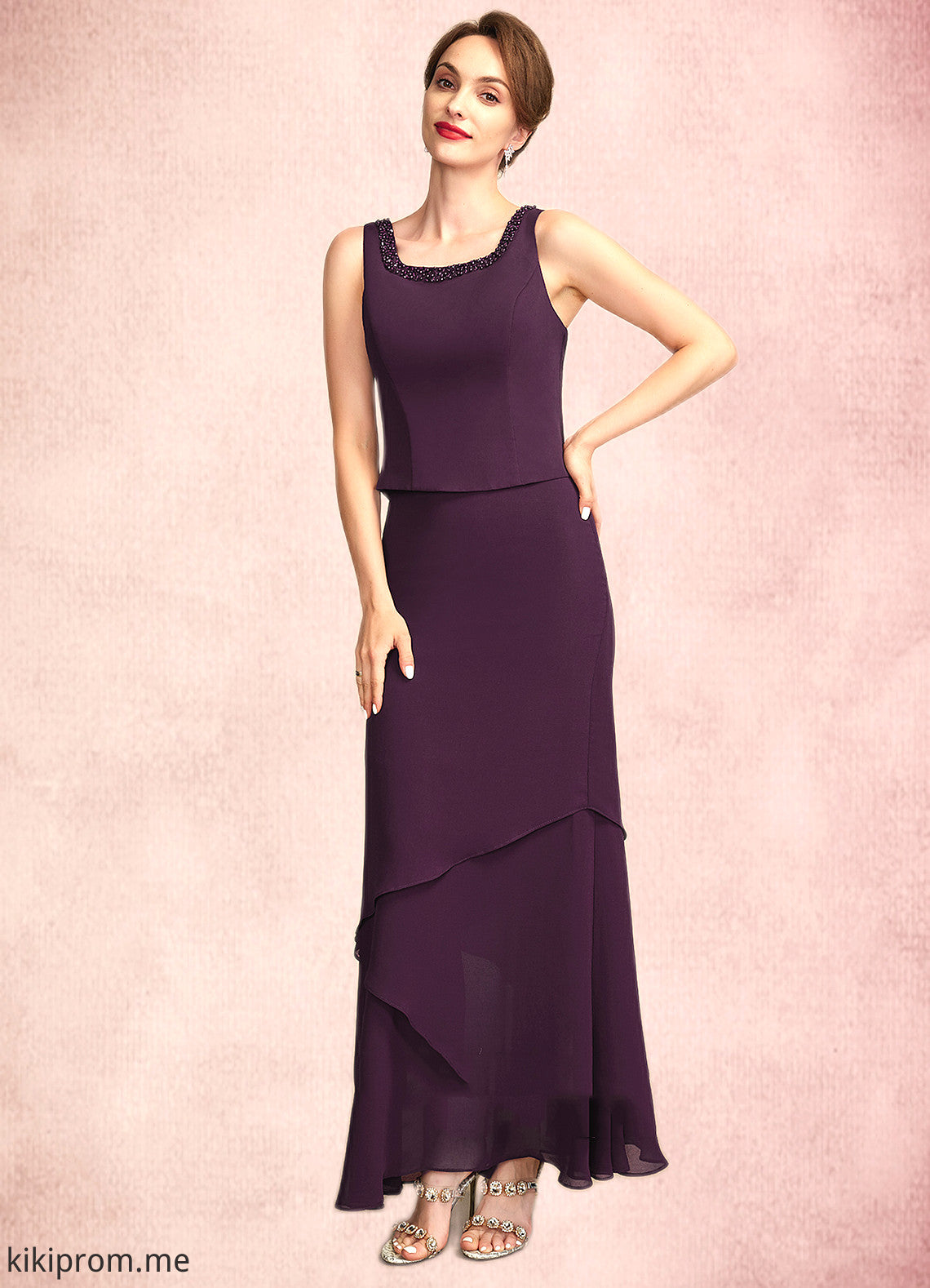 Emily Sheath/Column Scoop Neck Ankle-Length Chiffon Mother of the Bride Dress With Beading Sequins STF126P0015024