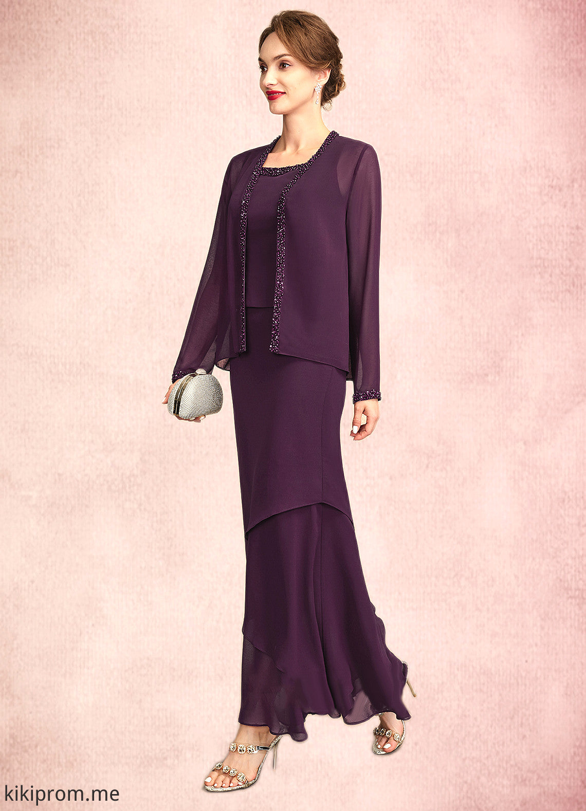 Emily Sheath/Column Scoop Neck Ankle-Length Chiffon Mother of the Bride Dress With Beading Sequins STF126P0015024