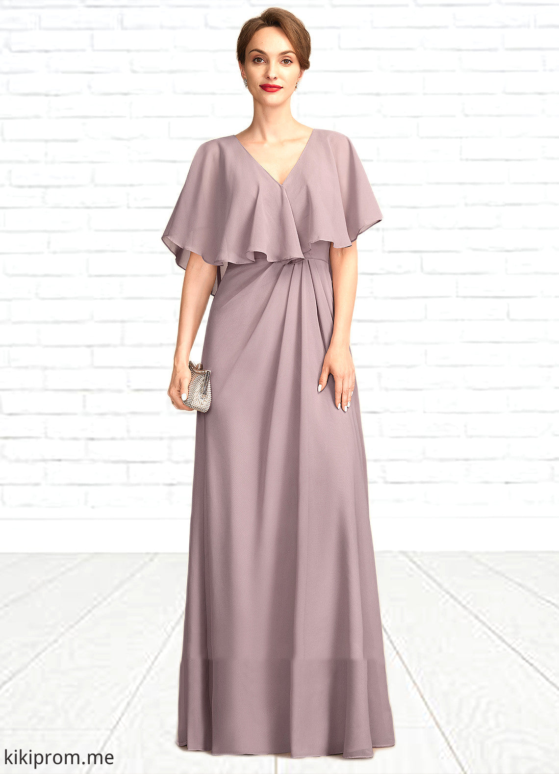 Alexa A-Line V-neck Floor-Length Chiffon Mother of the Bride Dress With Ruffle STF126P0015026