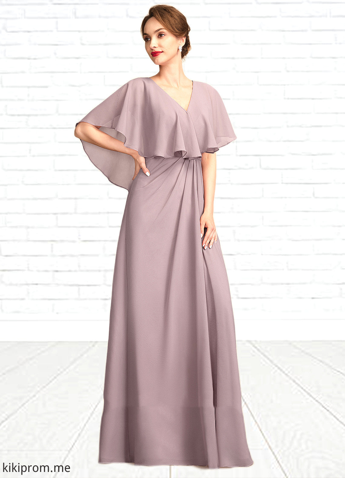 Alexa A-Line V-neck Floor-Length Chiffon Mother of the Bride Dress With Ruffle STF126P0015026