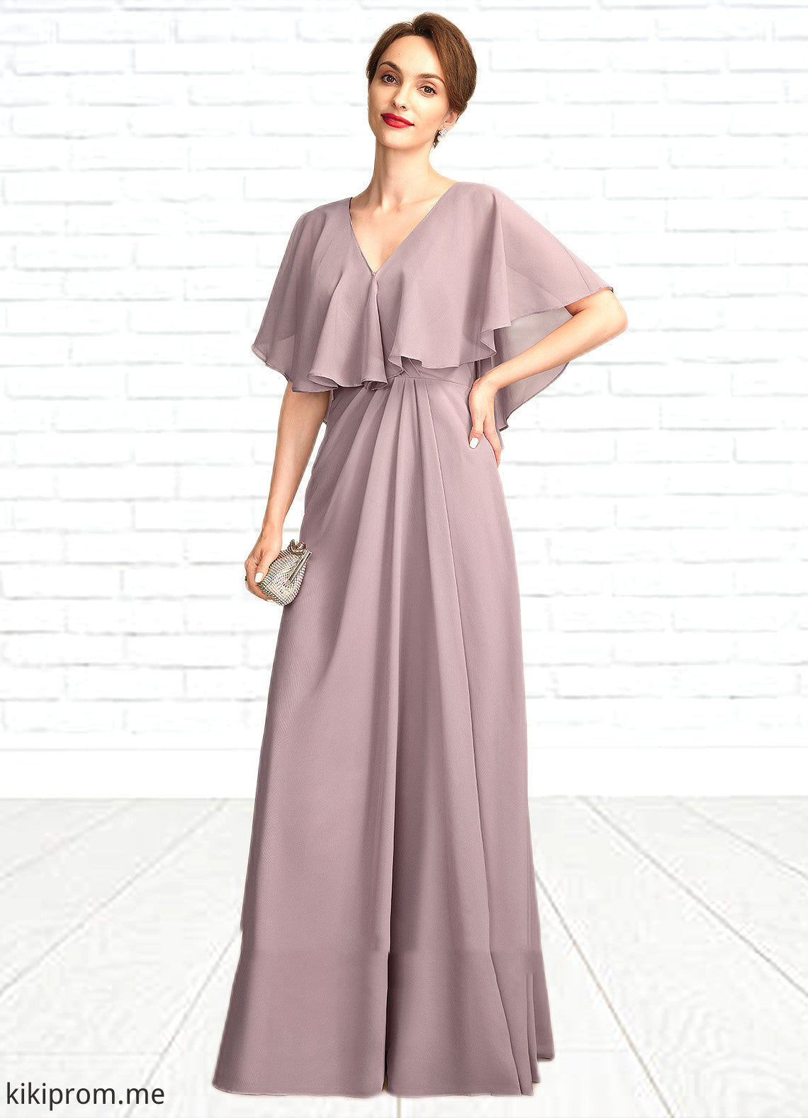 Alexa A-Line V-neck Floor-Length Chiffon Mother of the Bride Dress With Ruffle STF126P0015026