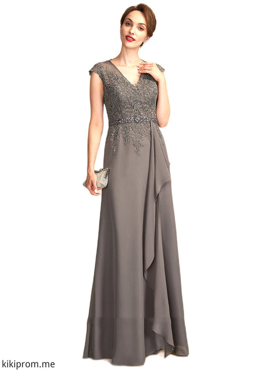 LuLu A-Line V-neck Floor-Length Chiffon Lace Mother of the Bride Dress With Beading Sequins Cascading Ruffles STF126P0015030