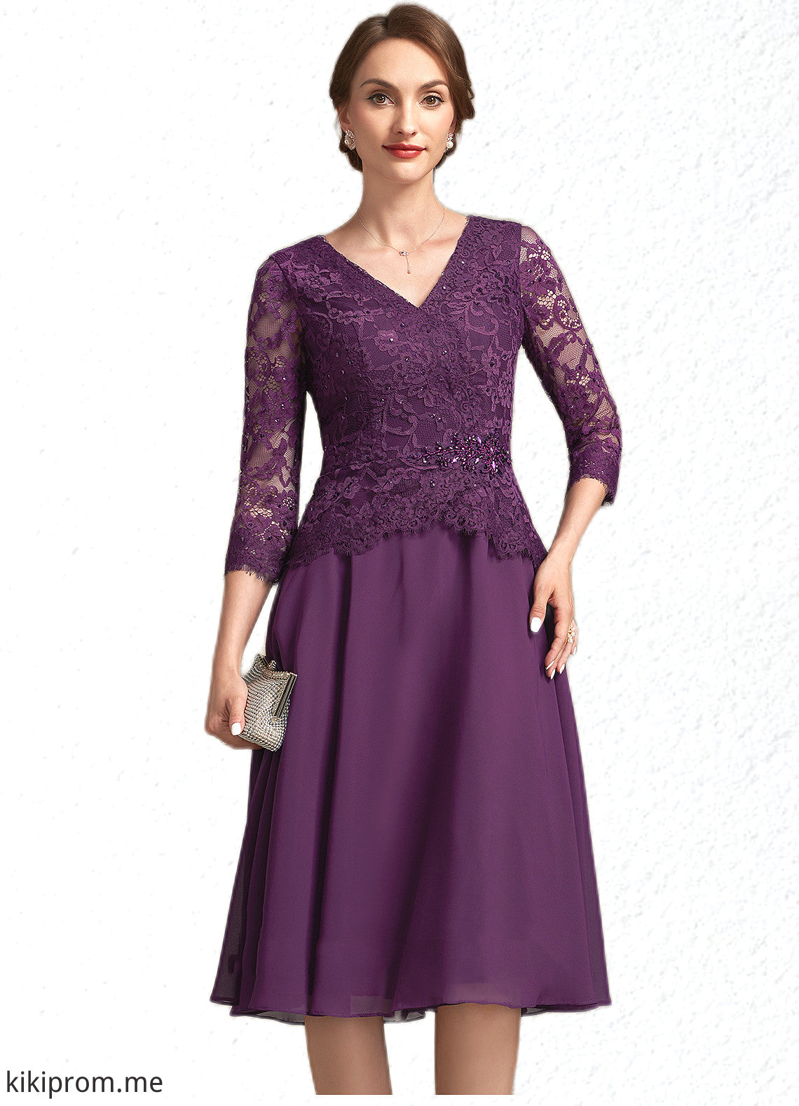 Savanah A-Line V-neck Knee-Length Chiffon Lace Mother of the Bride Dress With Beading Sequins STF126P0015035