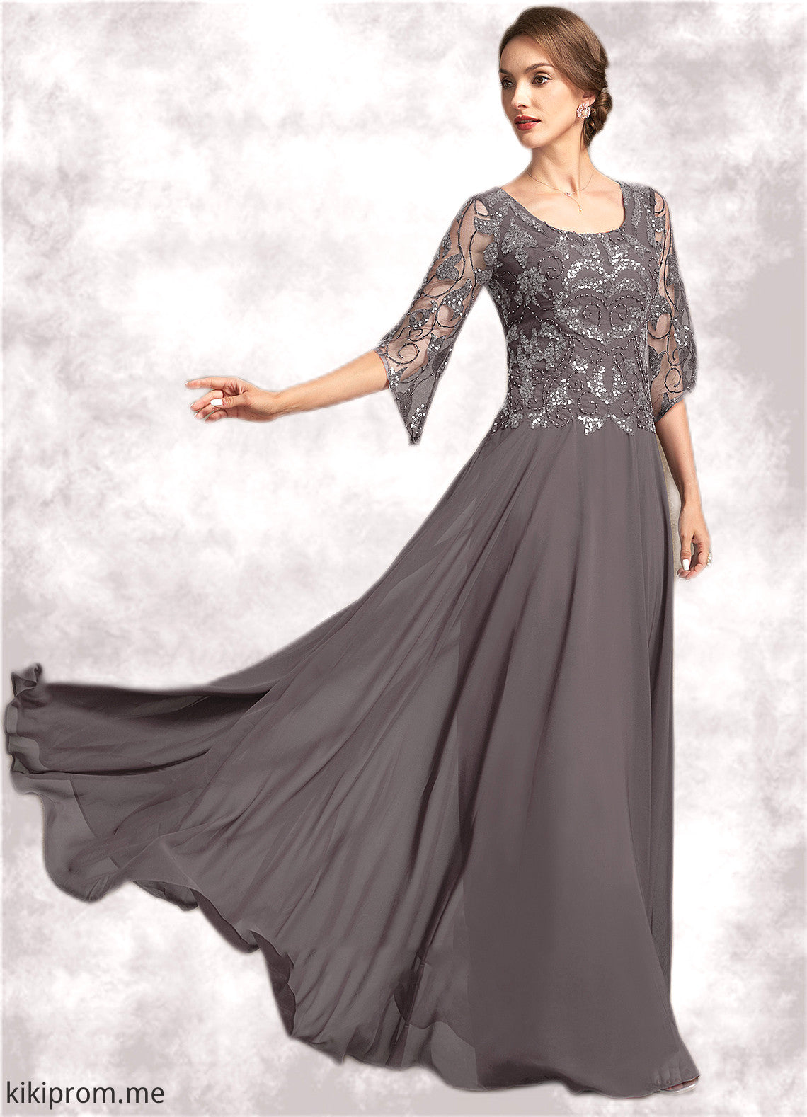 Natalie A-Line Scoop Neck Floor-Length Chiffon Lace Mother of the Bride Dress With Beading Sequins STF126P0015036