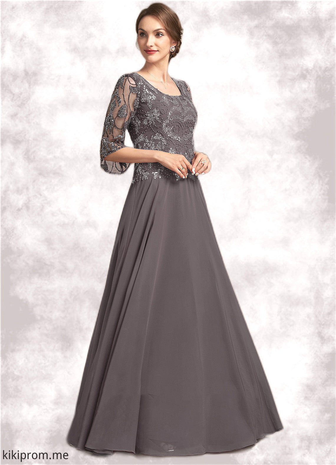 Natalie A-Line Scoop Neck Floor-Length Chiffon Lace Mother of the Bride Dress With Beading Sequins STF126P0015036