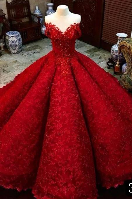 Ball Gown Red V Neck Long Off the Shoulder Prom Dresses, Quinceanera Dresses STF15563