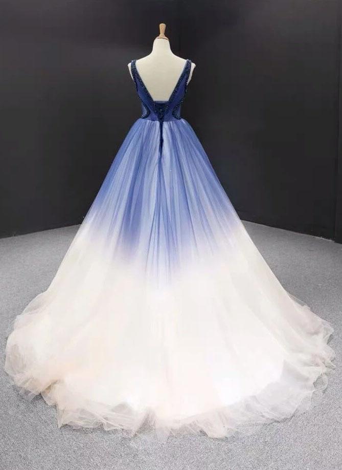 Ball Gown Ombre V Neck Tulle Royal Blue Long Prom Dresses, Quinceanera Dresses STF15067