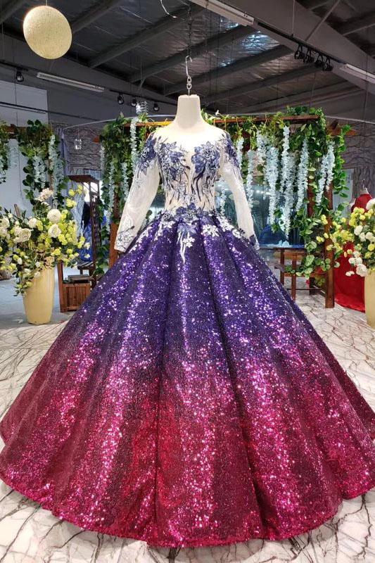 Ball Gown Ombre Sparkly Long Sleeve Sequins Prom Dresses, Quinceanera Dresses STF15066