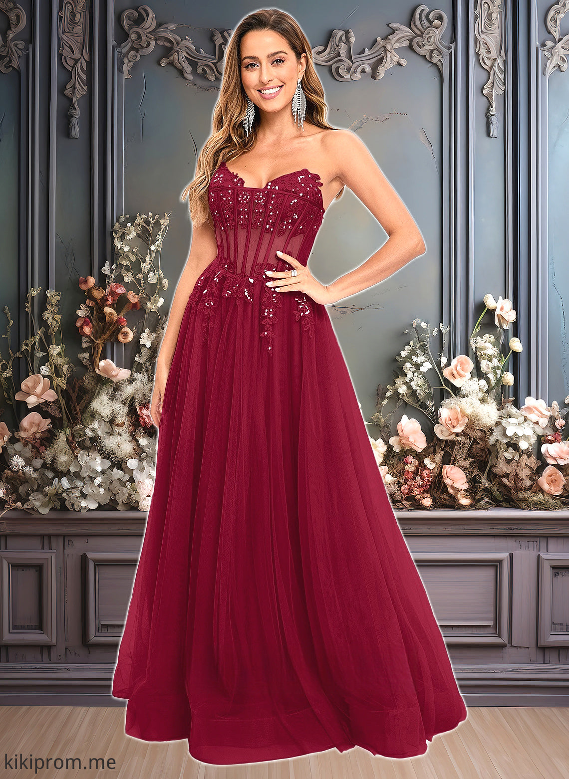 Elena Ball-Gown/Princess V-Neck Floor-Length Tulle Prom Dresses With Sequins Appliques Lace HFP0025837