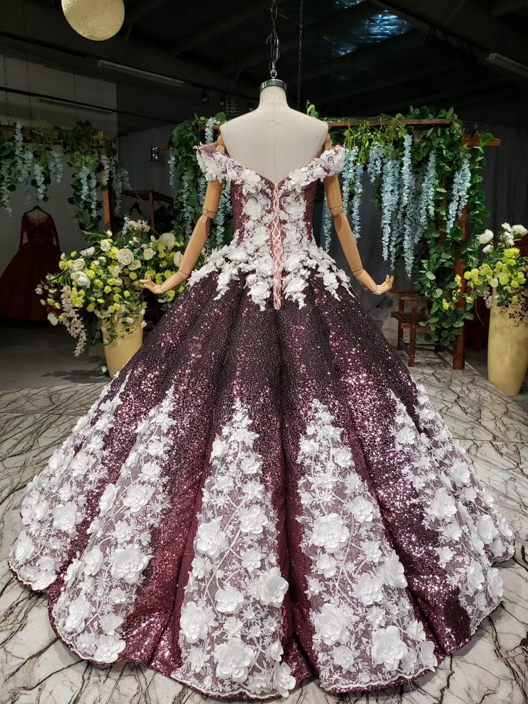 Ball Gown Off the Shoulder V Neck Satin Prom Dresses with Hand Made Flowers, Quinceanera Dress STF15064