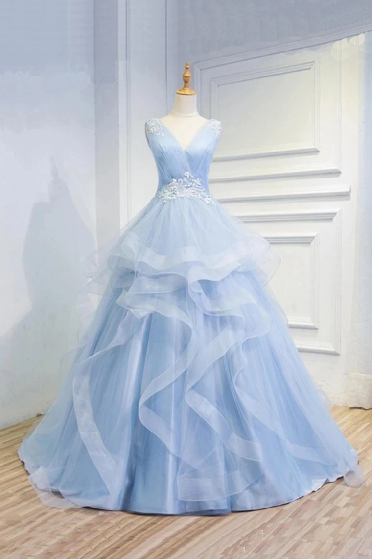 Puffy V Neck Sleeveless Tulle Prom Dress With Appliques Quinceanera STFP4EM4EZY