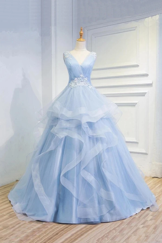 Puffy V Neck Sleeveless Tulle Prom Dress With Appliques Quinceanera STFP4EM4EZY