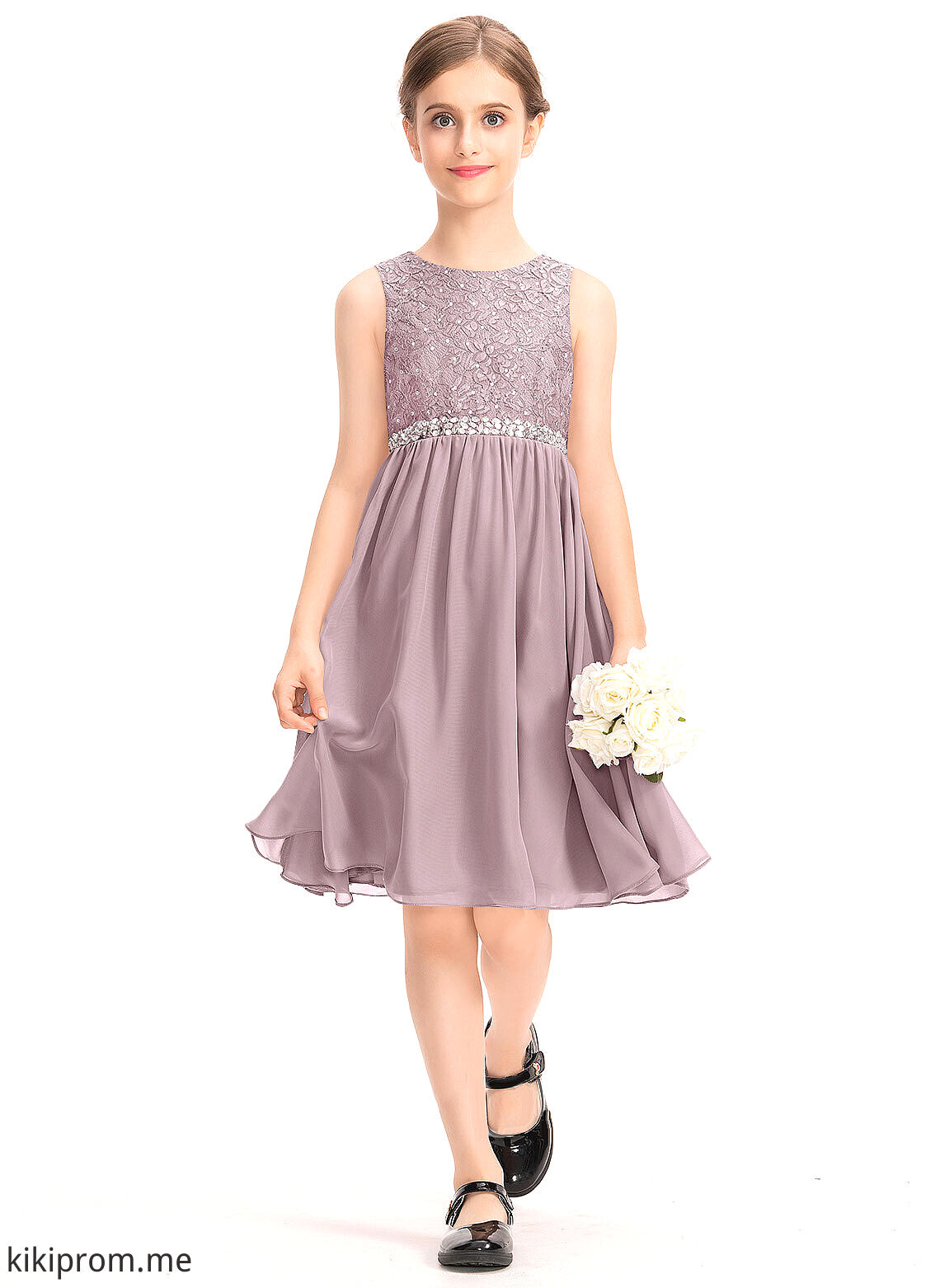 With Neck Scoop Bow(s) A-Line Junior Bridesmaid Dresses Jewel Knee-Length Beading Chiffon Lace