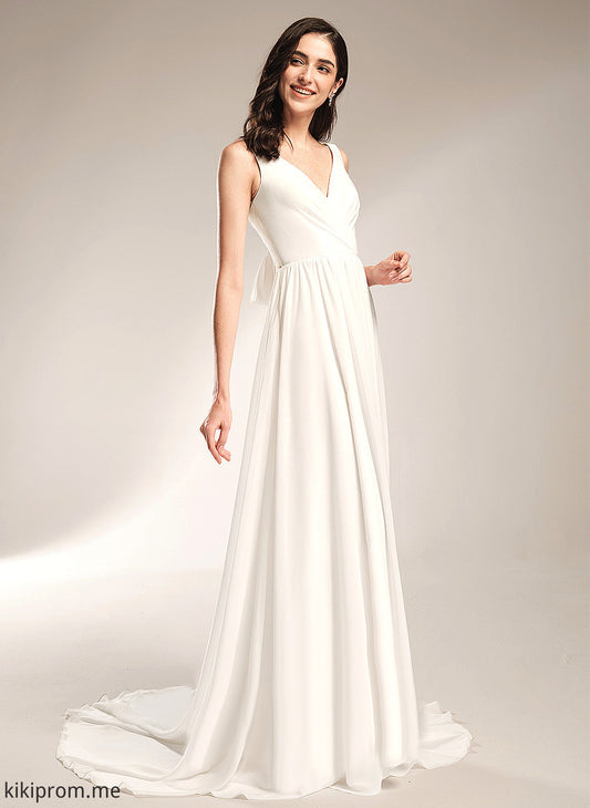 Wedding Dresses Train Lace Dress Chiffon A-Line With Elliana Court V-neck Wedding