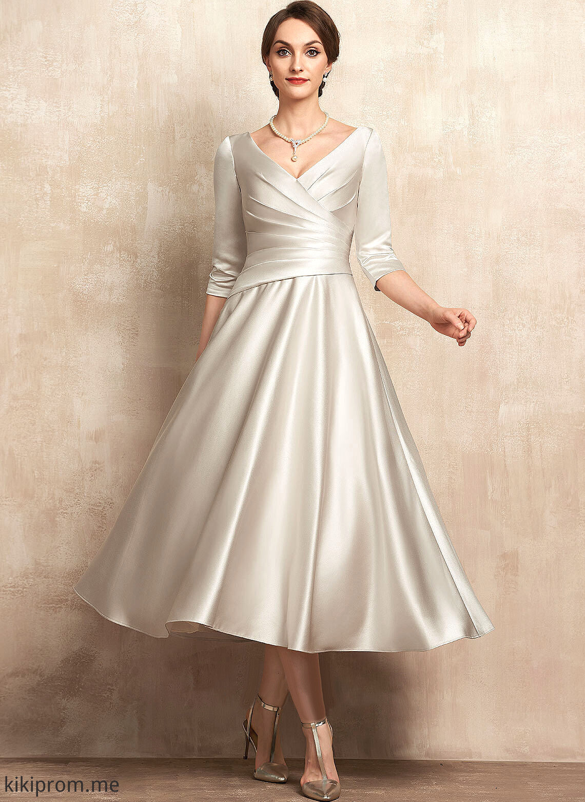 Bride Dress Ruffle A-Line Tea-Length of V-neck Mother With the Ashtyn Satin Mother of the Bride Dresses