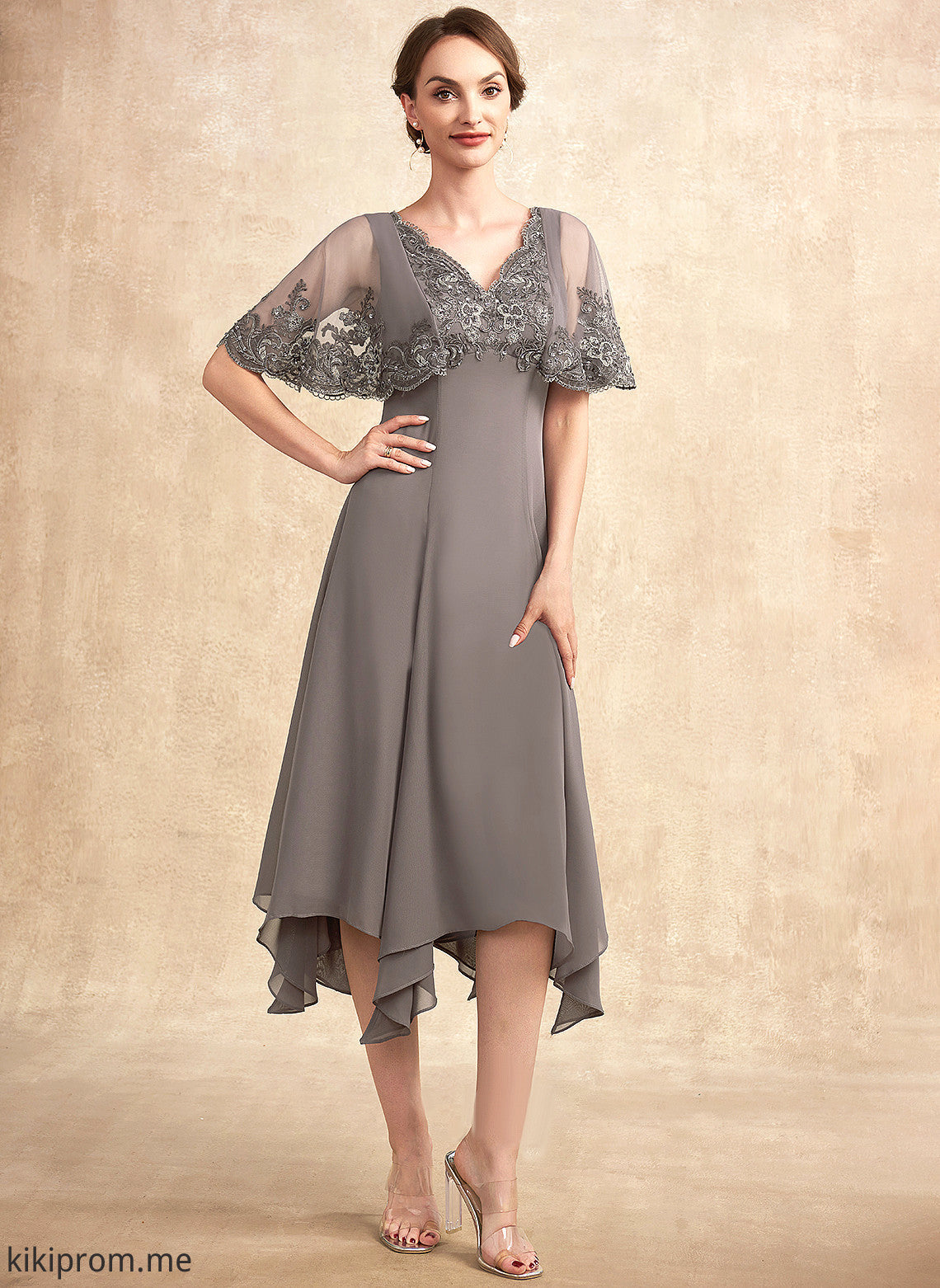 Chiffon of Mother Sequins Bride A-Line Dress Lace Emmalee Tea-Length Beading Mother of the Bride Dresses the V-neck With