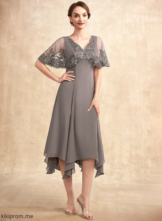 Chiffon of Mother Sequins Bride A-Line Dress Lace Emmalee Tea-Length Beading Mother of the Bride Dresses the V-neck With