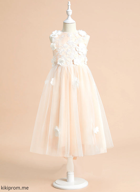 With Vanessa Scoop Flower Girl Dresses Flower(s)/Bow(s) Neck A-Line Tulle - Dress Flower Sleeveless Girl Tea-length