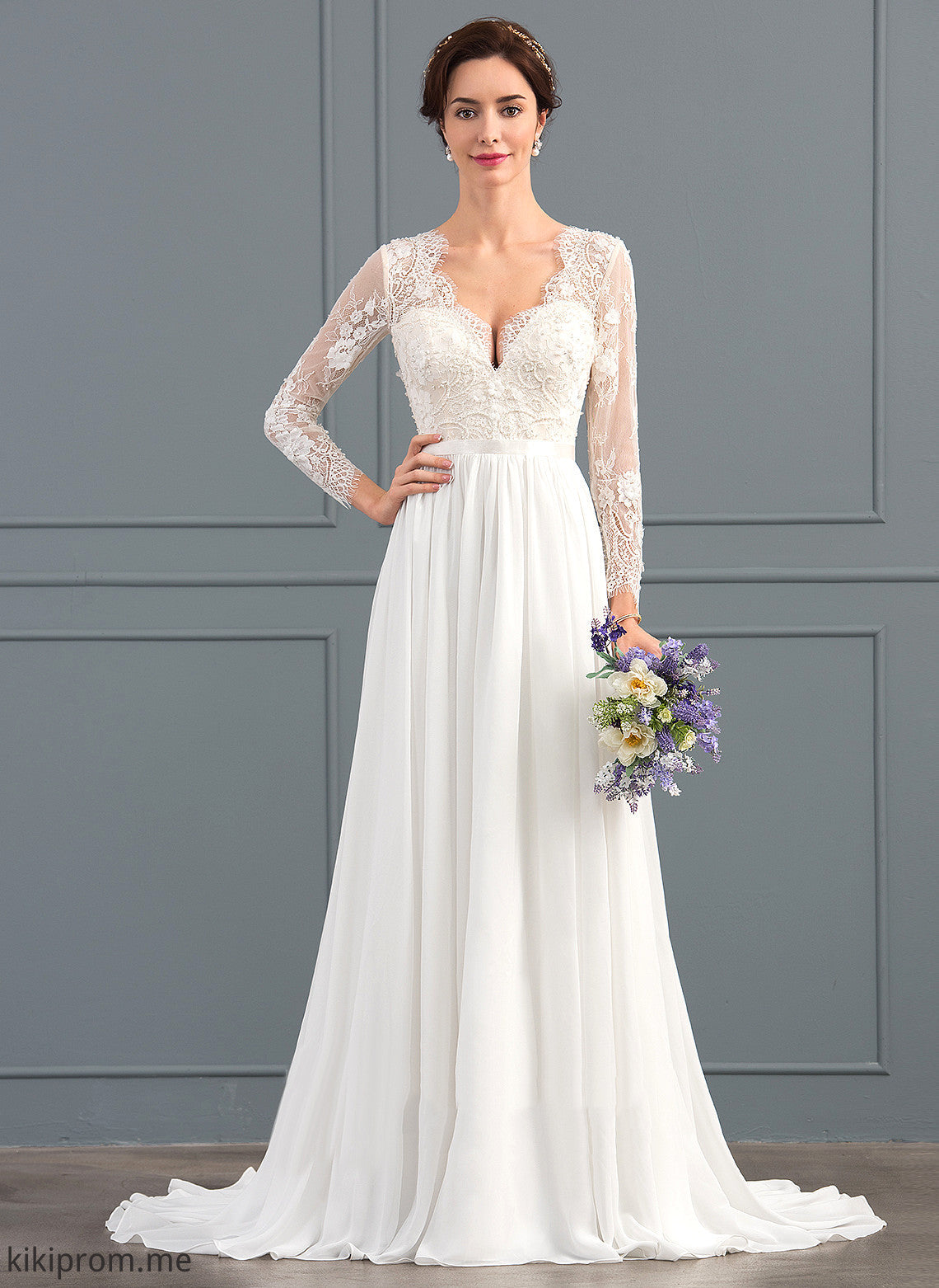 Wedding Dresses Dress Train With V-neck Lace A-Line Sequins Haven Sweep Beading Chiffon Wedding