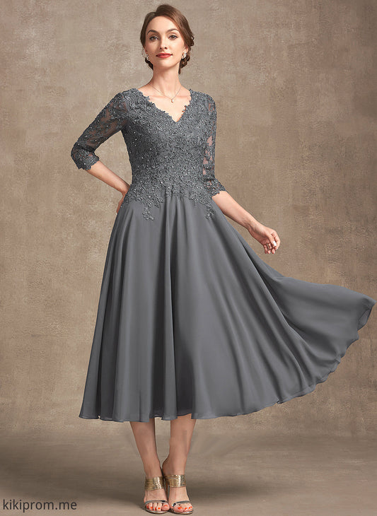 Sequins the With Chiffon Beading A-Line Mother V-neck Dress Mother of the Bride Dresses Tea-Length Leticia Lace of Bride