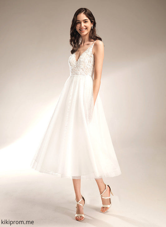 Wedding Dresses V-neck Tea-Length Dress Wedding Reina Tulle A-Line Lace