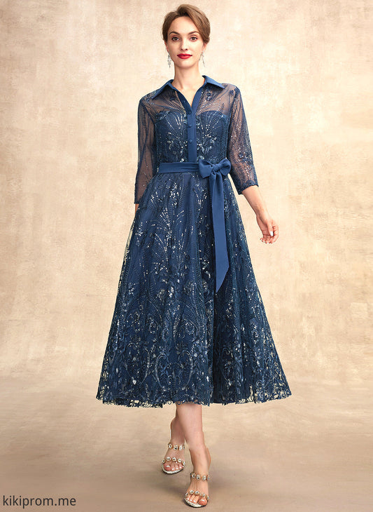 Bow(s) Bride Prudence Tea-Length With Mother Sequins A-Line of V-neck Dress Lace Mother of the Bride Dresses Chiffon the