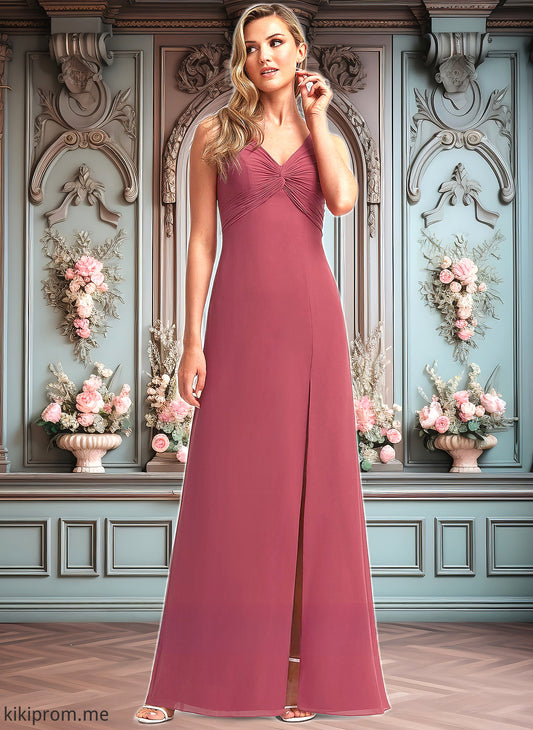 Catalina A-line V-Neck Floor-Length Chiffon Bridesmaid Dress HFP0025753