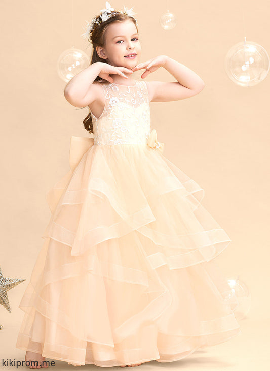 Sleeveless Scalloped Tulle Rachael Flower Ball-Gown/Princess Lace/Flower(s)/Bow(s)/V Floor-length Dress With Flower Girl Dresses Girl - Back Neck