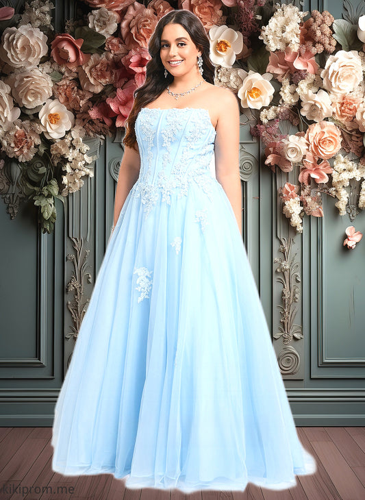 Lacey Ball-Gown/Princess Straight Sweep Train Tulle Prom Dresses With Sequins Appliques Lace HFP0025864